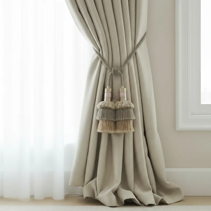 Curtain gathered with a tieback in warm natural tones