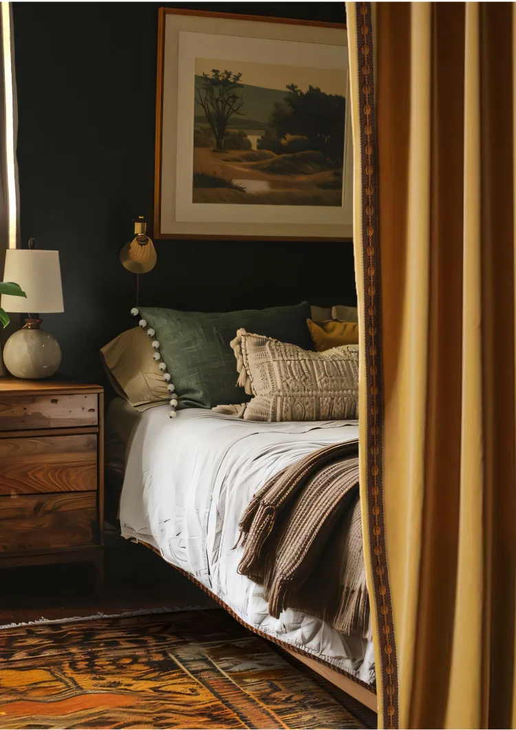 Bedroom with a mustard curtain edged in Zanzibar braid